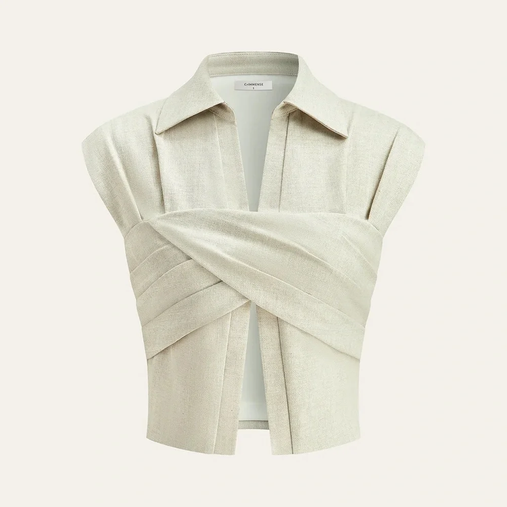 145 Linen Blend Cropped Blouse with Cross Wrap Detail - Picture 1 of 4